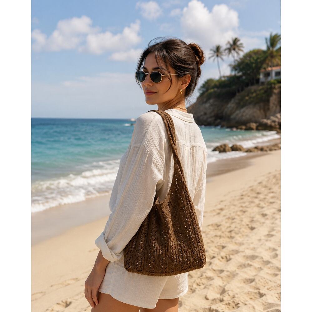 Brown Crochet Knit Shoulder Bag Boho Hobo Tote Slouchy Cottagecore Y2K - Picture 5 of 5